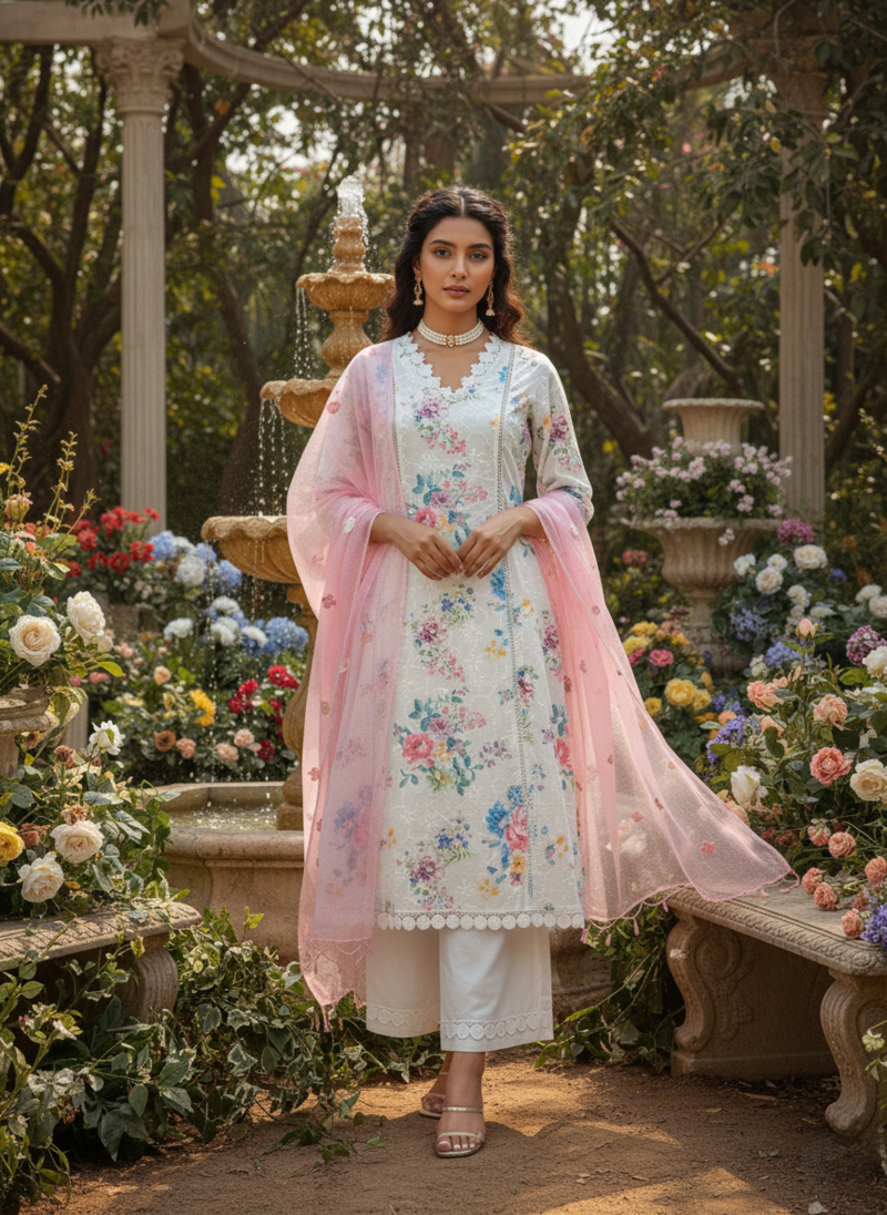 Schiffli Printed suit with crochet lace detailing comes with Kota Doria Dupatta and Cotton Palazzos Set of 3
