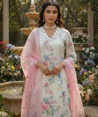 Schiffli Printed suit with crochet lace detailing comes with Kota Doria Dupatta and Cotton Palazzos Set of 3 2