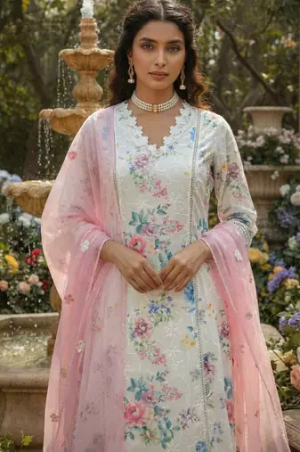 Schiffli Printed suit with crochet lace detailing comes with Kota Doria Dupatta and Cotton Palazzos Set of 3
