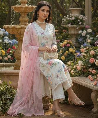 Schiffli Printed suit with crochet lace detailing comes with Kota Doria Dupatta and Cotton Palazzos Set of 3 3