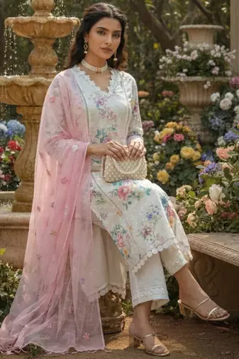 Schiffli Printed suit with crochet lace detailing comes with Kota Doria Dupatta and Cotton Palazzos Set of 3