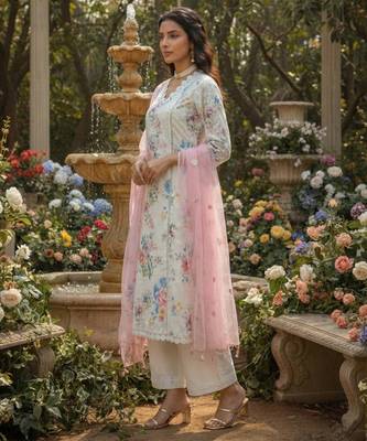 Schiffli Printed suit with crochet lace detailing comes with Kota Doria Dupatta and Cotton Palazzos Set of 3 4