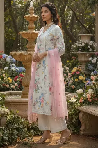 Schiffli Printed suit with crochet lace detailing comes with Kota Doria Dupatta and Cotton Palazzos Set of 3