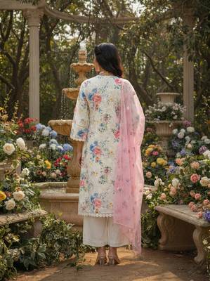 Schiffli Printed suit with crochet lace detailing comes with Kota Doria Dupatta and Cotton Palazzos Set of 3 5