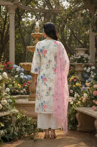 Schiffli Printed suit with crochet lace detailing comes with Kota Doria Dupatta and Cotton Palazzos Set of 3