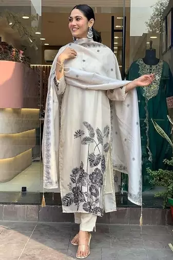 New womens off-white handloom silk embroidered kurti pant set