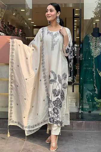 New womens off-white handloom silk embroidered kurti pant set