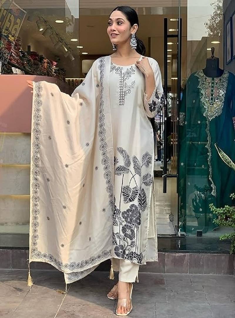 New womens off-white handloom silk embroidered kurti pant set