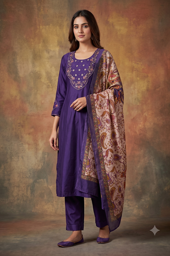 Women purple embroidered straight kurta set with dupatta