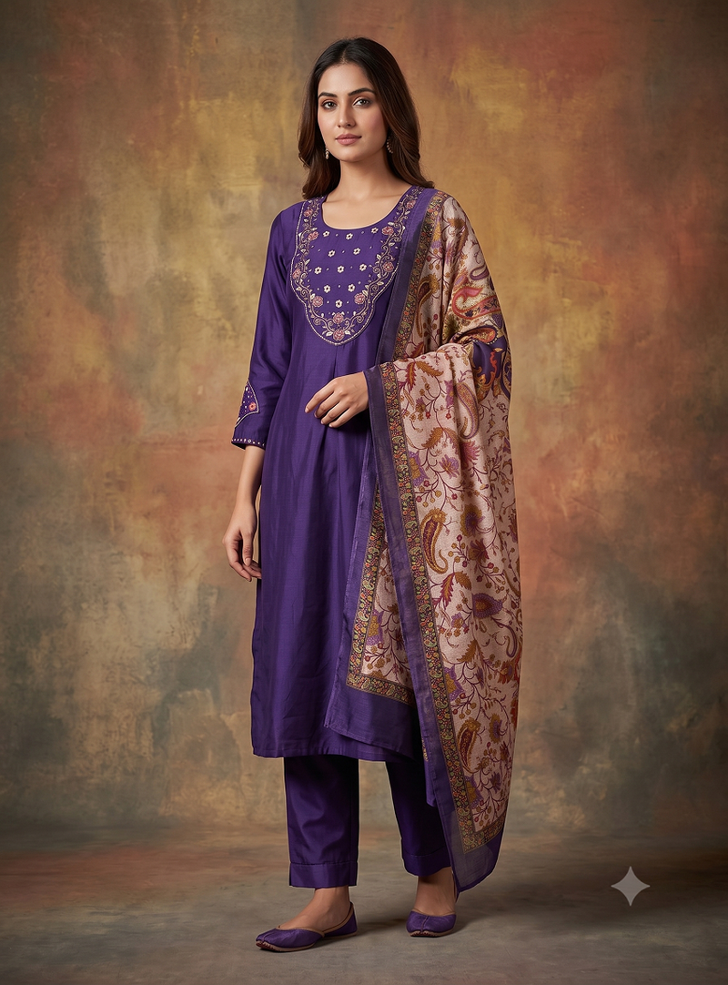 Women purple embroidered straight kurta set with dupatta