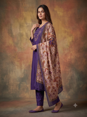 Women purple embroidered straight kurta set with dupatta 2