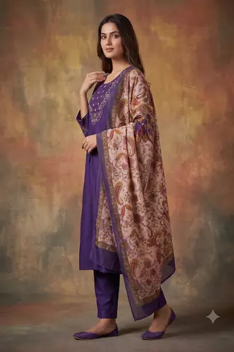Women purple embroidered straight kurta set with dupatta