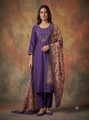 Women purple embroidered straight kurta set with dupatta 3