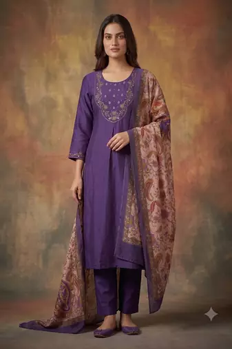 Women purple embroidered straight kurta set with dupatta