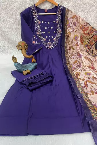 Women purple embroidered straight kurta set with dupatta