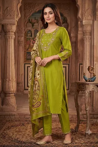 Women olive green embroidered kurta pant set with dupatta