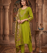 Women olive green embroidered kurta pant set with dupatta