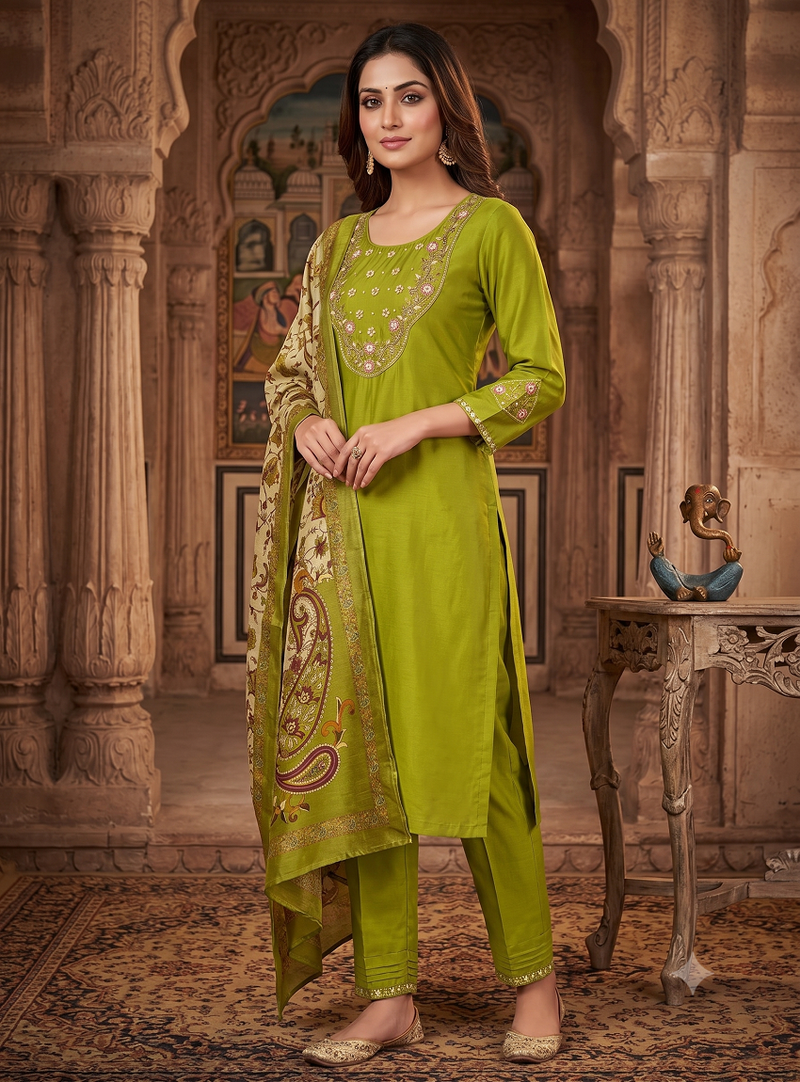 Women olive green embroidered kurta pant set with dupatta