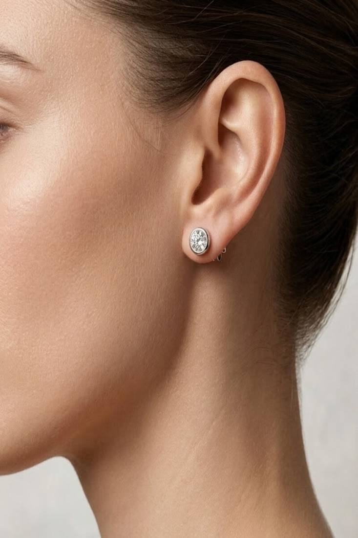 925 sterling silver Round Bezel Set Diamond Stud Earrings