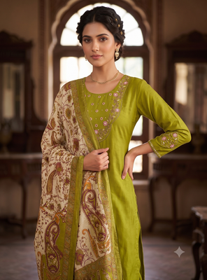Women olive green embroidered kurta pant set with dupatta 2