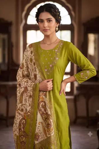Women olive green embroidered kurta pant set with dupatta