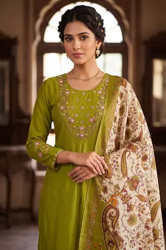 Women olive green embroidered kurta pant set with dupatta