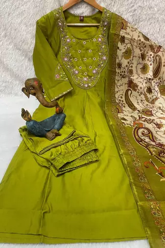 Women olive green embroidered kurta pant set with dupatta