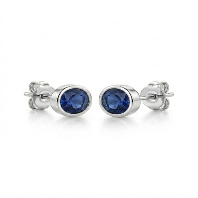 925 sterling silver Round Sapphire Bezel Set Stud Earrings