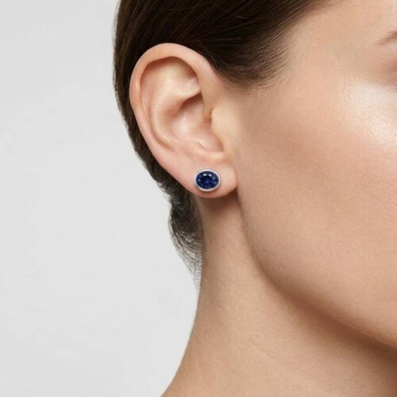 925 sterling silver Round Sapphire Bezel Set Stud Earrings