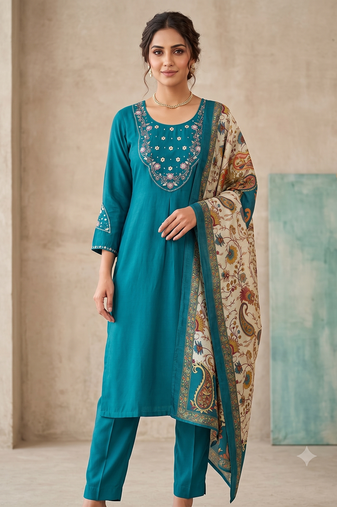 Women rama green embroidered kurta pant set with dupatt