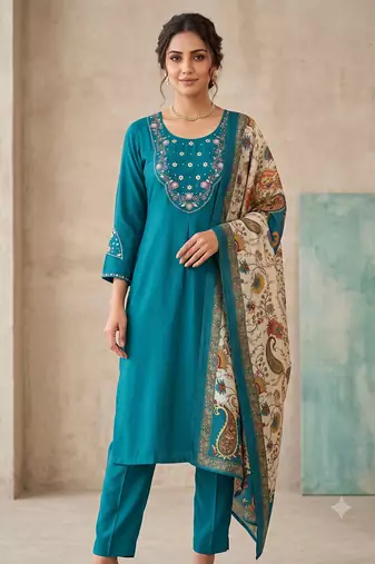 Women rama green embroidered kurta pant set with dupatt