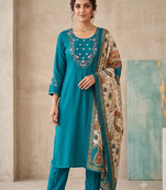 Women rama green embroidered kurta pant set with dupatt
