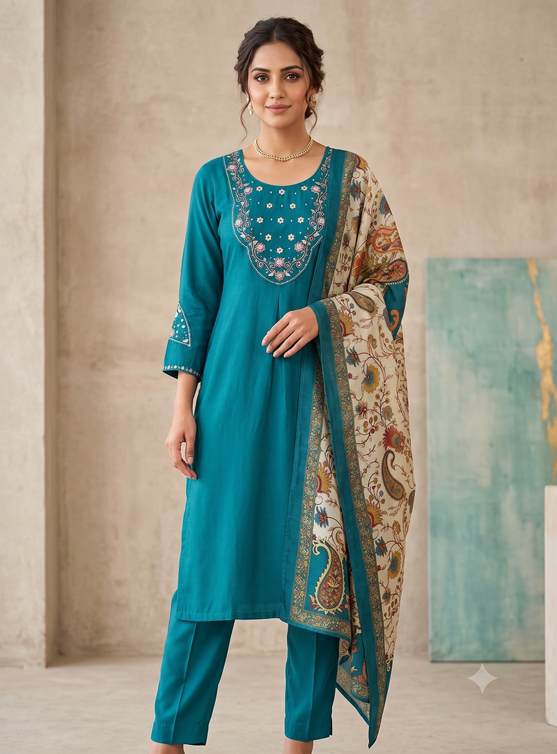 Women rama green embroidered kurta pant set with dupatt