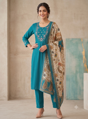 Women rama green embroidered kurta pant set with dupatt 2