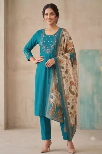 Women rama green embroidered kurta pant set with dupatt