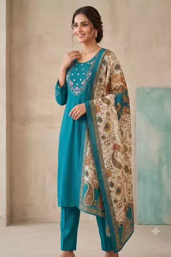 Women rama green embroidered kurta pant set with dupatt