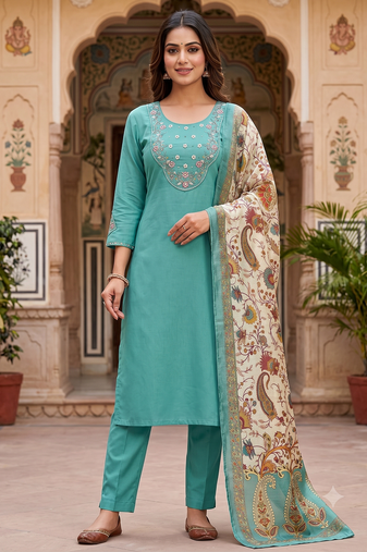 Women sky green embroidered kurta set with dupatta