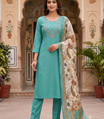 Women sky green embroidered kurta set with dupatta