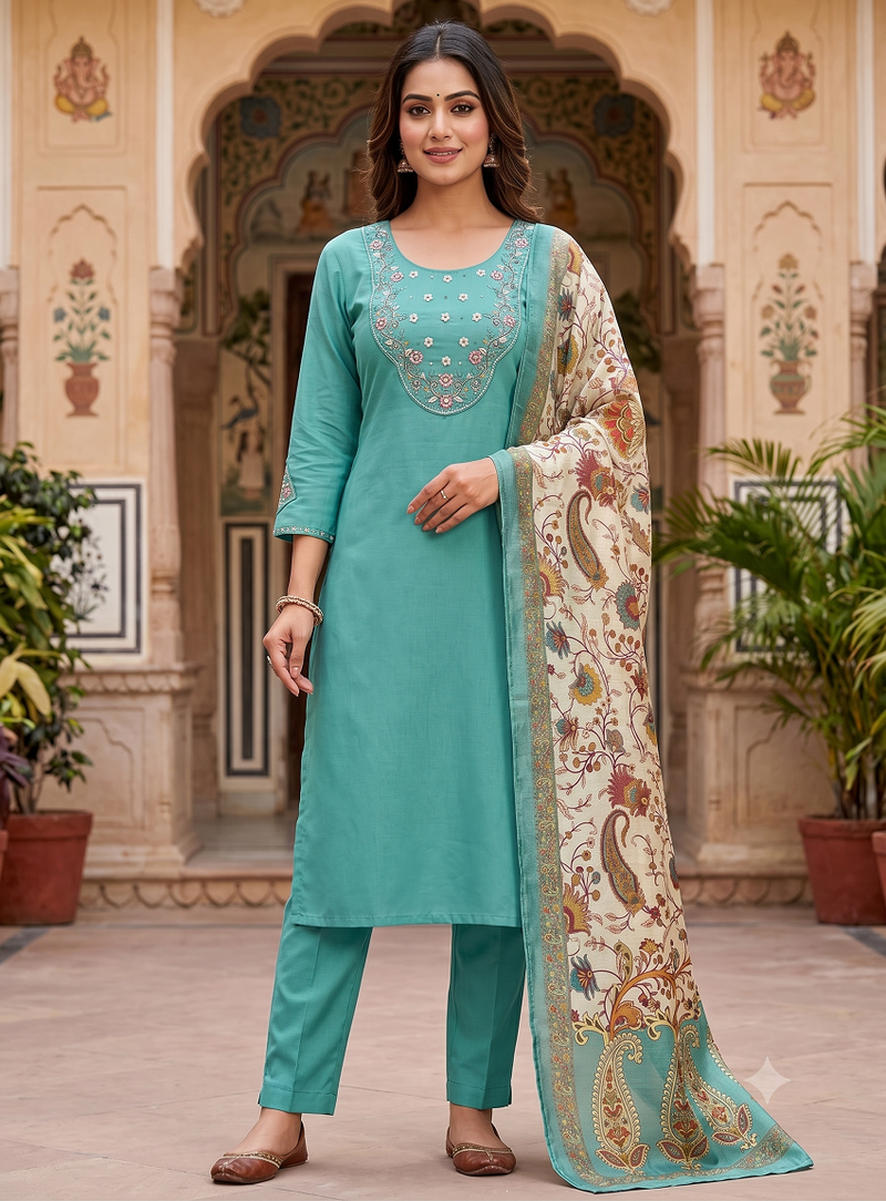 Women sky green embroidered kurta set with dupatta