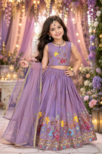 Designer kids lavender embroidered silk lehenga choli with net dupatta
