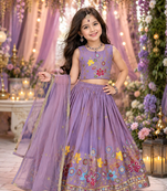 Designer kids lavender embroidered silk lehenga choli with net dupatta