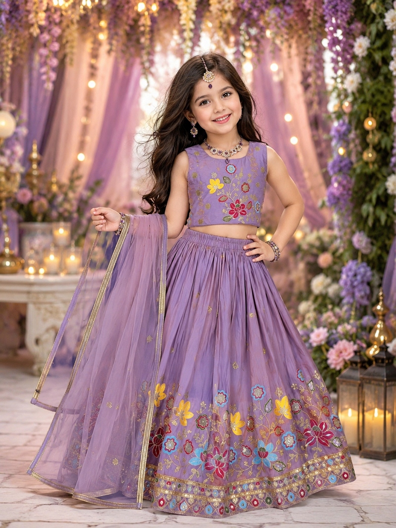 Designer kids lavender embroidered silk lehenga choli with net dupatta