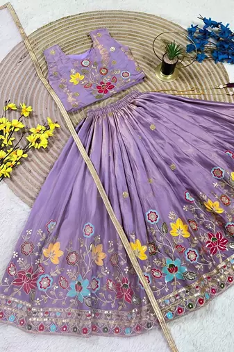 Designer kids lavender embroidered silk lehenga choli with net dupatta