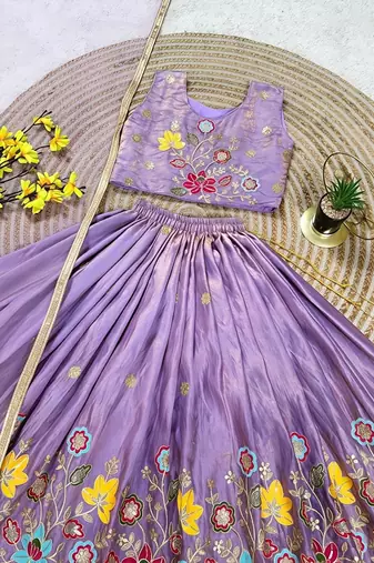 Designer kids lavender embroidered silk lehenga choli with net dupatta