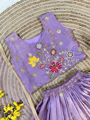 Designer kids lavender embroidered silk lehenga choli with net dupatta 4