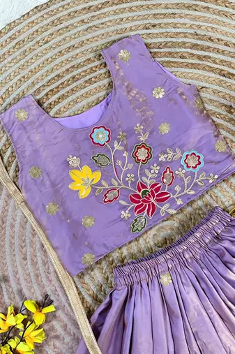 Designer kids lavender embroidered silk lehenga choli with net dupatta