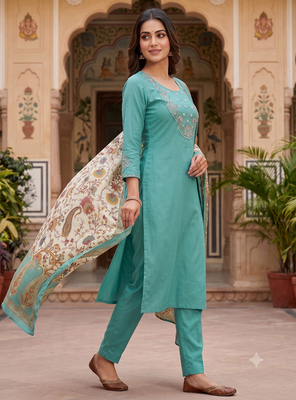 Women sky green embroidered kurta set with dupatta 2
