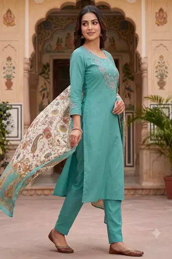 Women sky green embroidered kurta set with dupatta