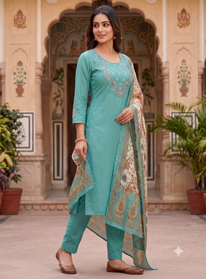 Women sky green embroidered kurta set with dupatta 3