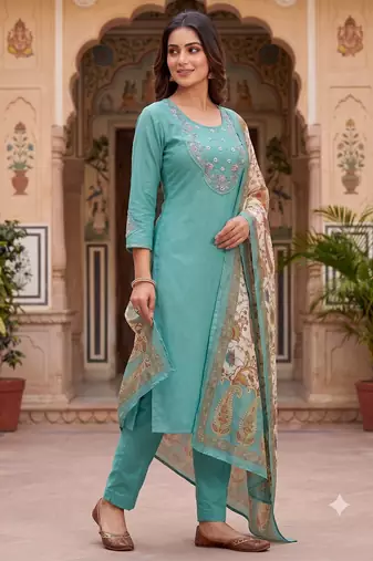 Women sky green embroidered kurta set with dupatta